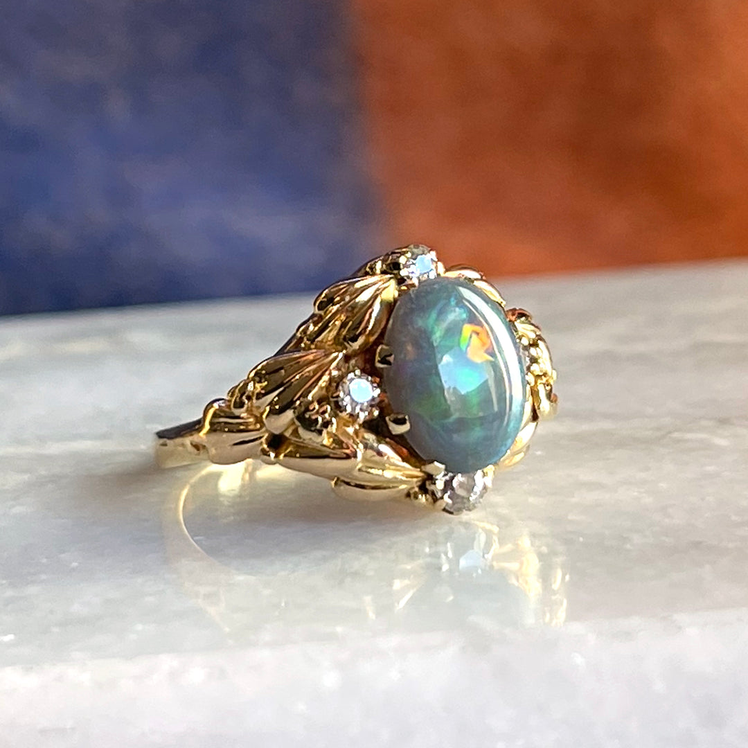 Floral Art Nouveau Opal and Diamond Ring, c. 1900