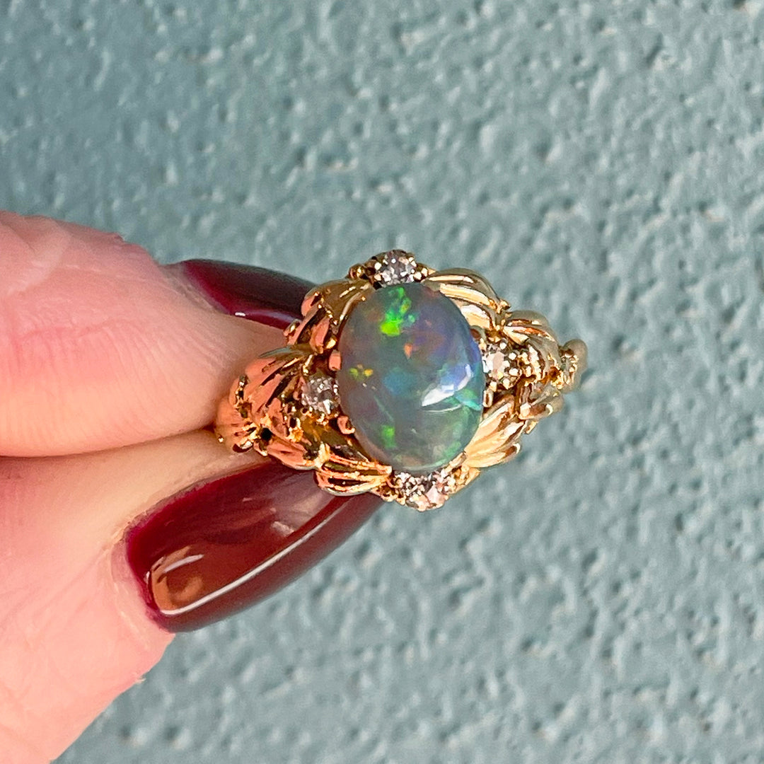 Floral Art Nouveau Opal and Diamond Ring, c. 1900