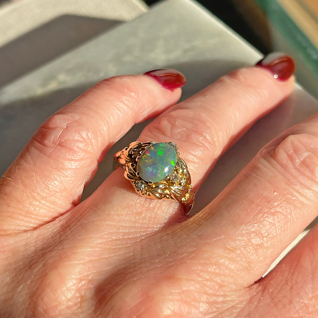 Floral Art Nouveau Opal and Diamond Ring, c. 1900