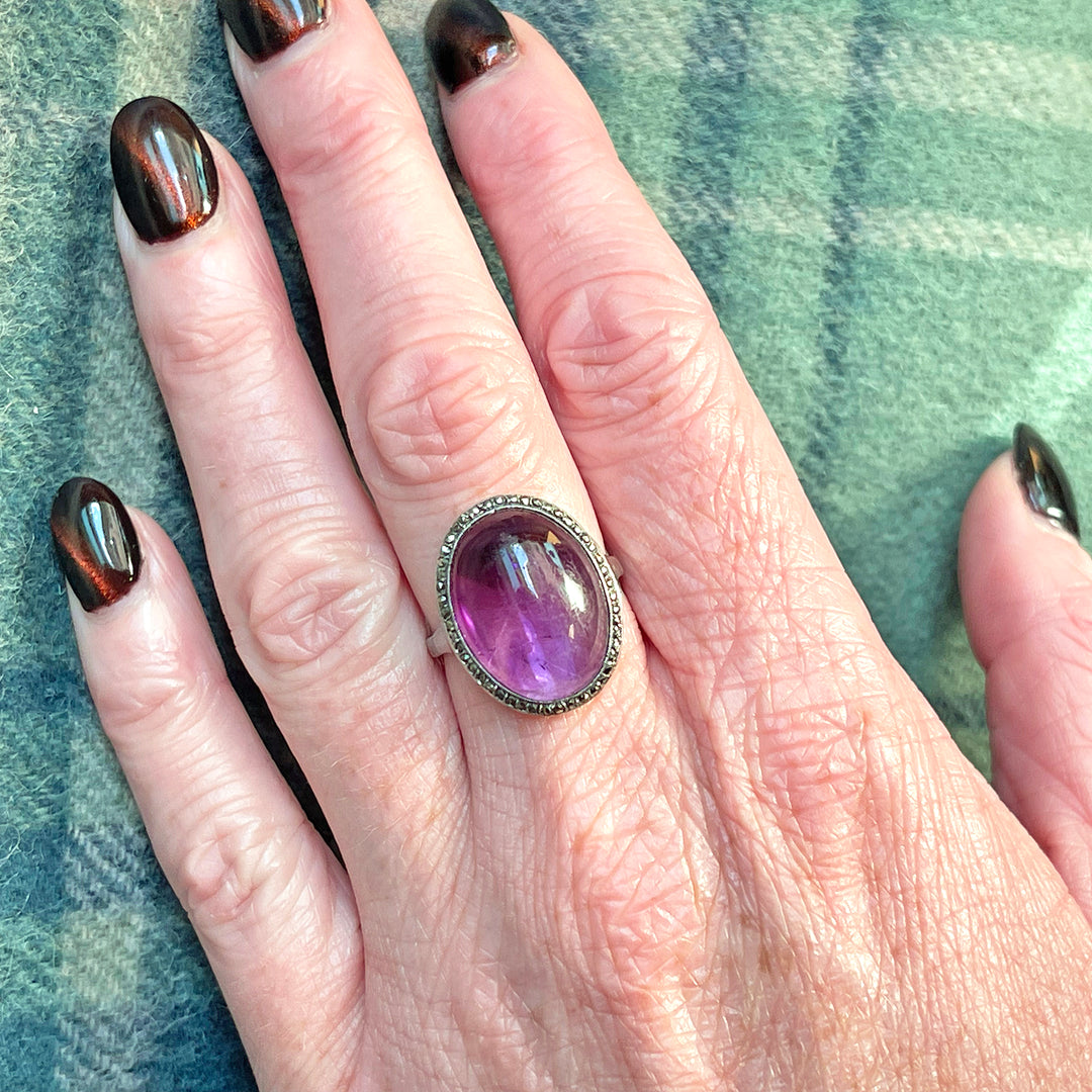 Dreamy Amethyst Cabochon Ring with Marcasites in 800 Silver, Size 7