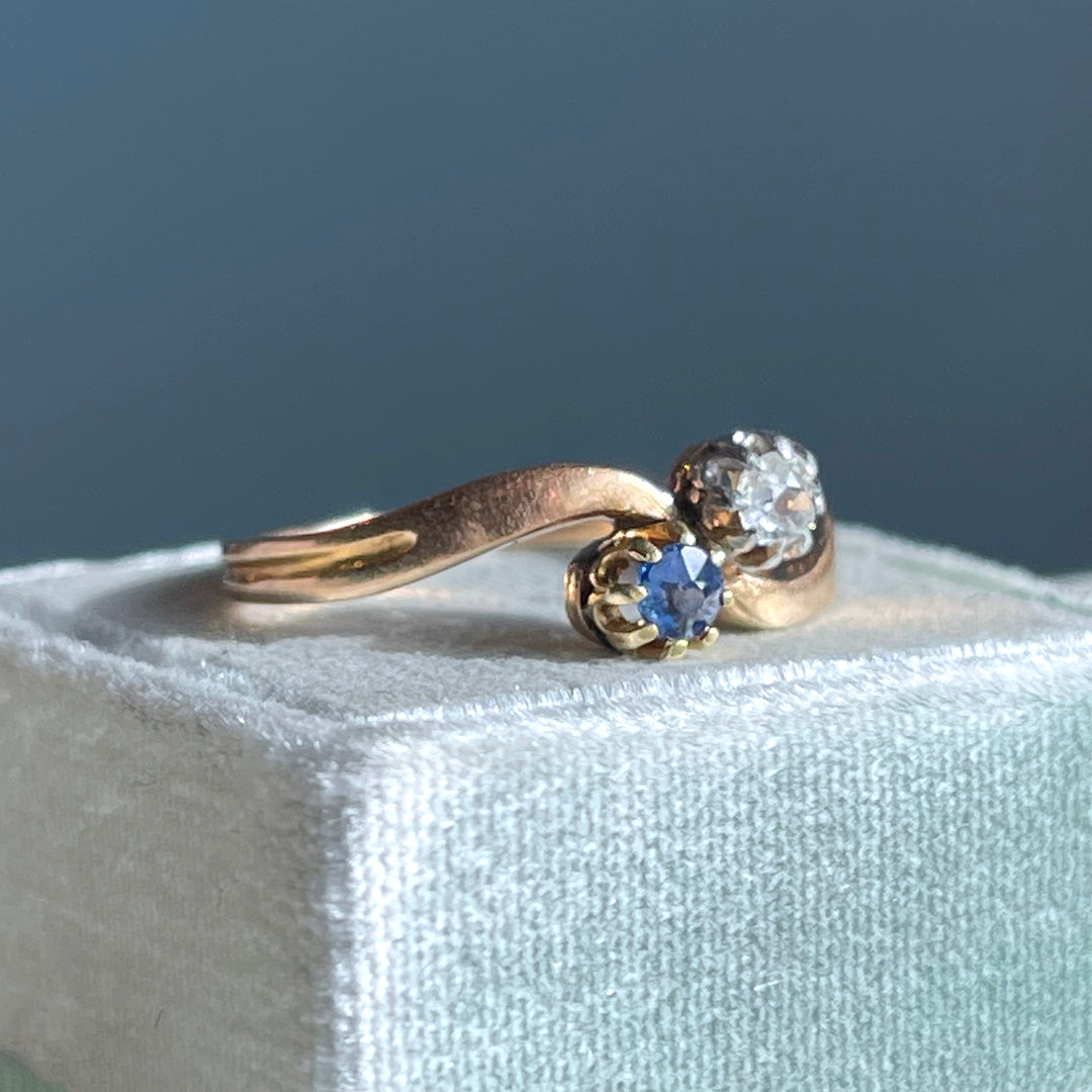 Victorian 18k Gold Sapphire Diamond Bypass Ring