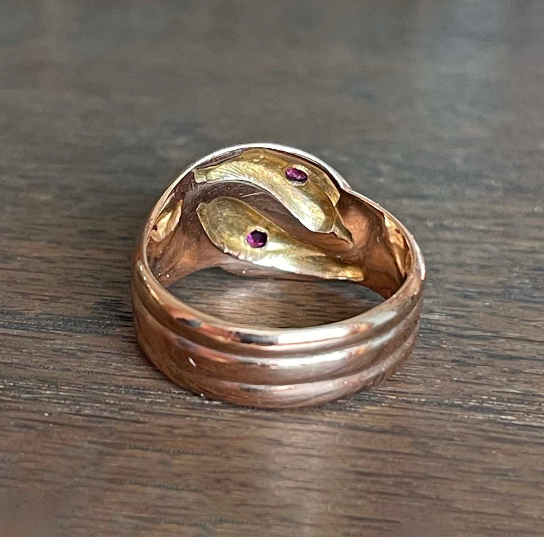 Edwardian Double Snake Ring Ruby Heads 9k Gold Dated 1918