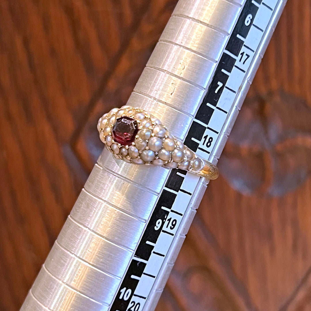 Antique Victorian Gold Ring Garnet and Pearl Cluster c. 1860