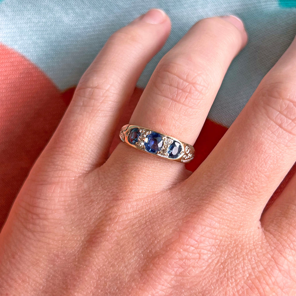 Antique Edwardian Sapphire Diamond Ring 18k Gold Birmingham 1900