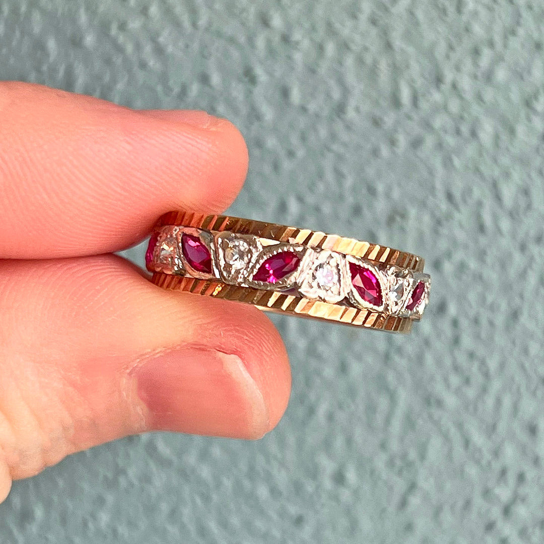 Vintage Gold Ruby Diamond Eternity Band Ring