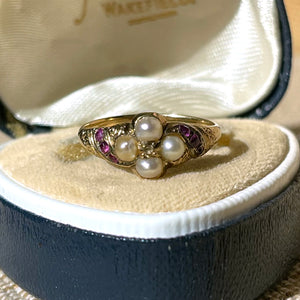 Pretty Mid-Victorian Pearl Diamond Ruby Ring 15k Gold