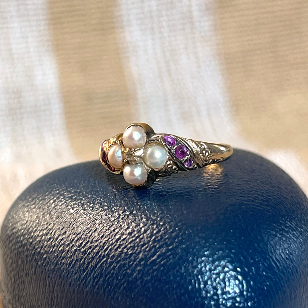 Pretty Mid-Victorian Pearl Diamond Ruby Ring 15k Gold