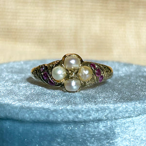 Pretty Mid-Victorian Pearl Diamond Ruby Ring 15k Gold