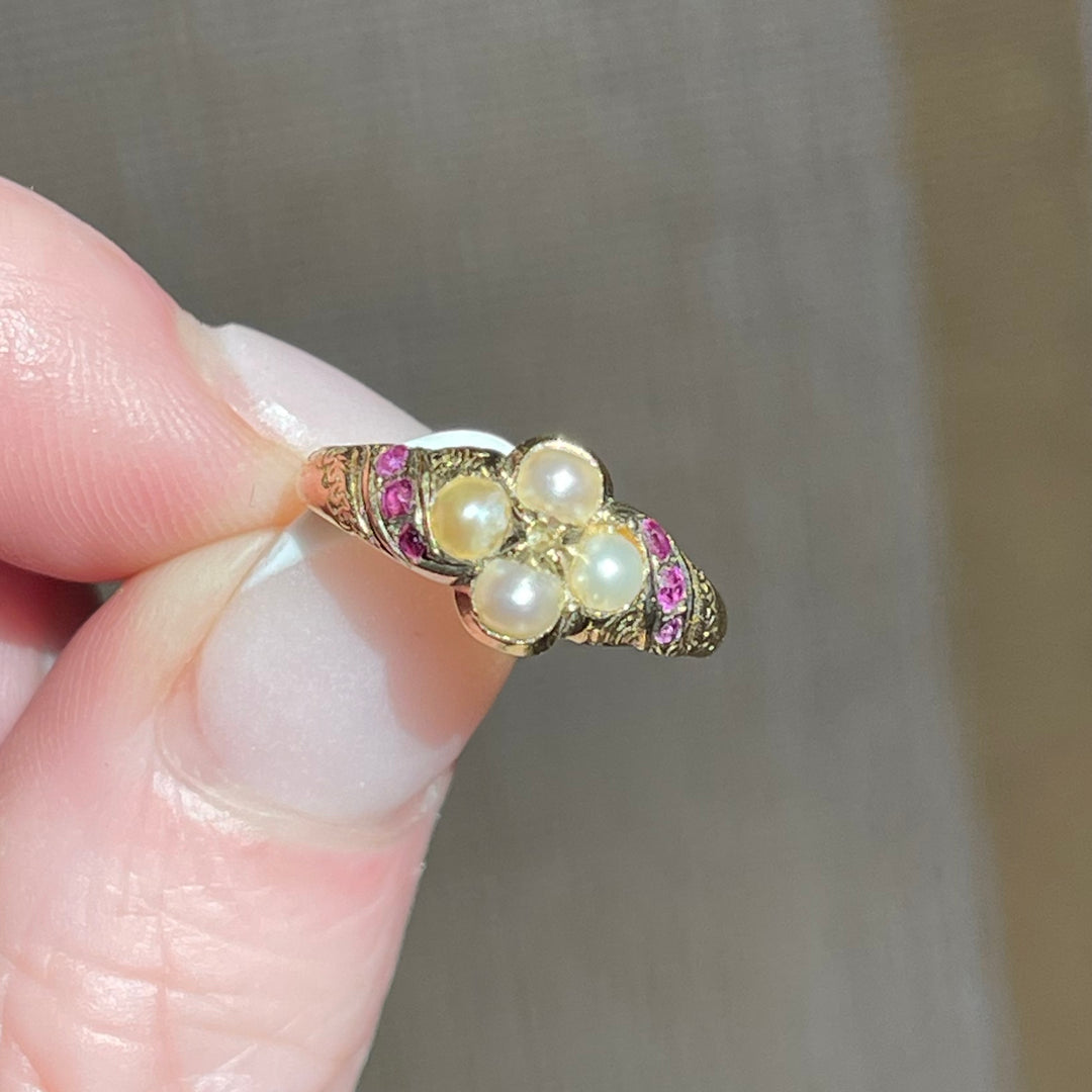 Pretty Mid-Victorian Pearl Diamond Ruby Ring 15k Gold