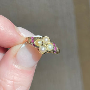 Pretty Mid-Victorian Pearl Diamond Ruby Ring 15k Gold