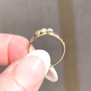 Pretty Mid-Victorian Pearl Diamond Ruby Ring 15k Gold