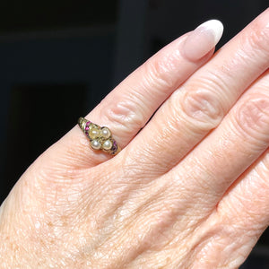 Pretty Mid-Victorian Pearl Diamond Ruby Ring 15k Gold