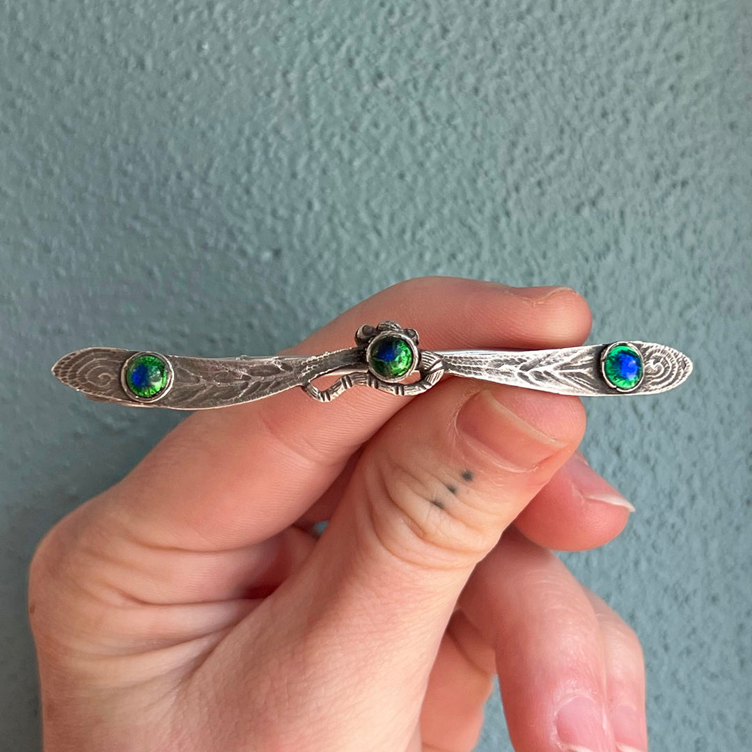 Antique French Silver Peacock Glass Barrette, c. 1890