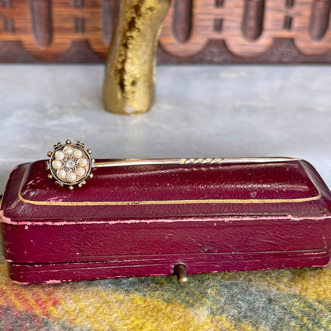 Antique Stick Pin or Tie Pin, Mens Wedding Gift, Gold Diamond and Pearl in Original Box c.1900