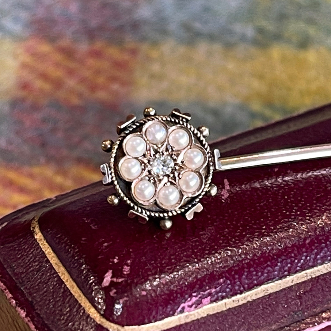 Antique Stick Pin or Tie Pin, Mens Wedding Gift, Gold Diamond and Pearl in Original Box c.1900