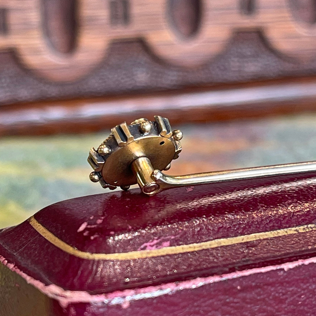 Antique Stick Pin or Tie Pin, Mens Wedding Gift, Gold Diamond and Pearl in Original Box c.1900