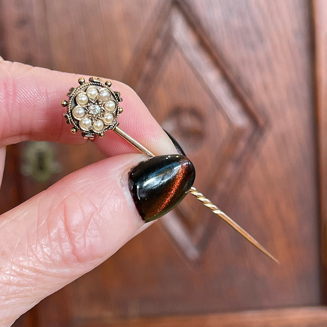Antique Stick Pin or Tie Pin, Mens Wedding Gift, Gold Diamond and Pearl in Original Box c.1900