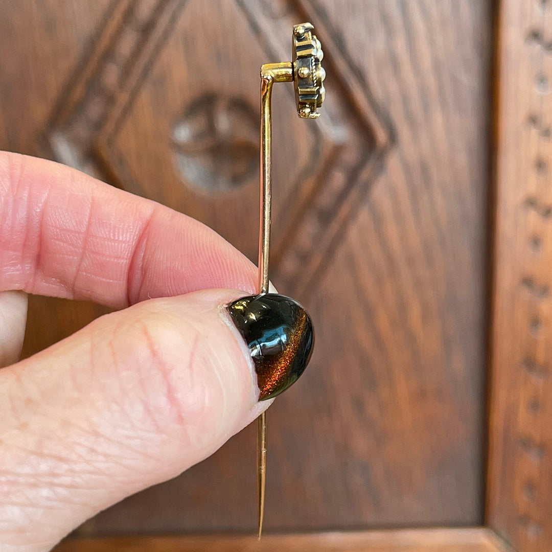 Antique Stick Pin or Tie Pin, Mens Wedding Gift, Gold Diamond and Pearl in Original Box c.1900