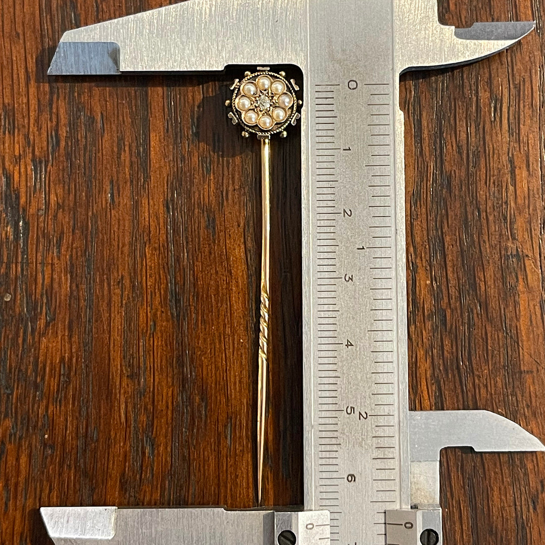 Antique Stick Pin or Tie Pin, Mens Wedding Gift, Gold Diamond and Pearl in Original Box c.1900