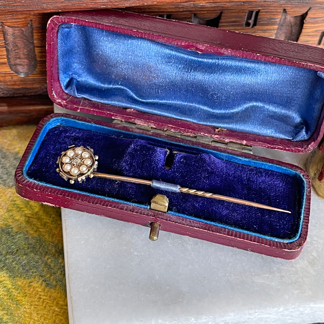 Antique Stick Pin or Tie Pin, Mens Wedding Gift, Gold Diamond and Pearl in Original Box c.1900