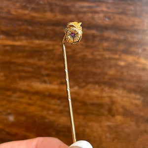 Antique Owl Head Stick Pin Garnet Eyes 18k Gold