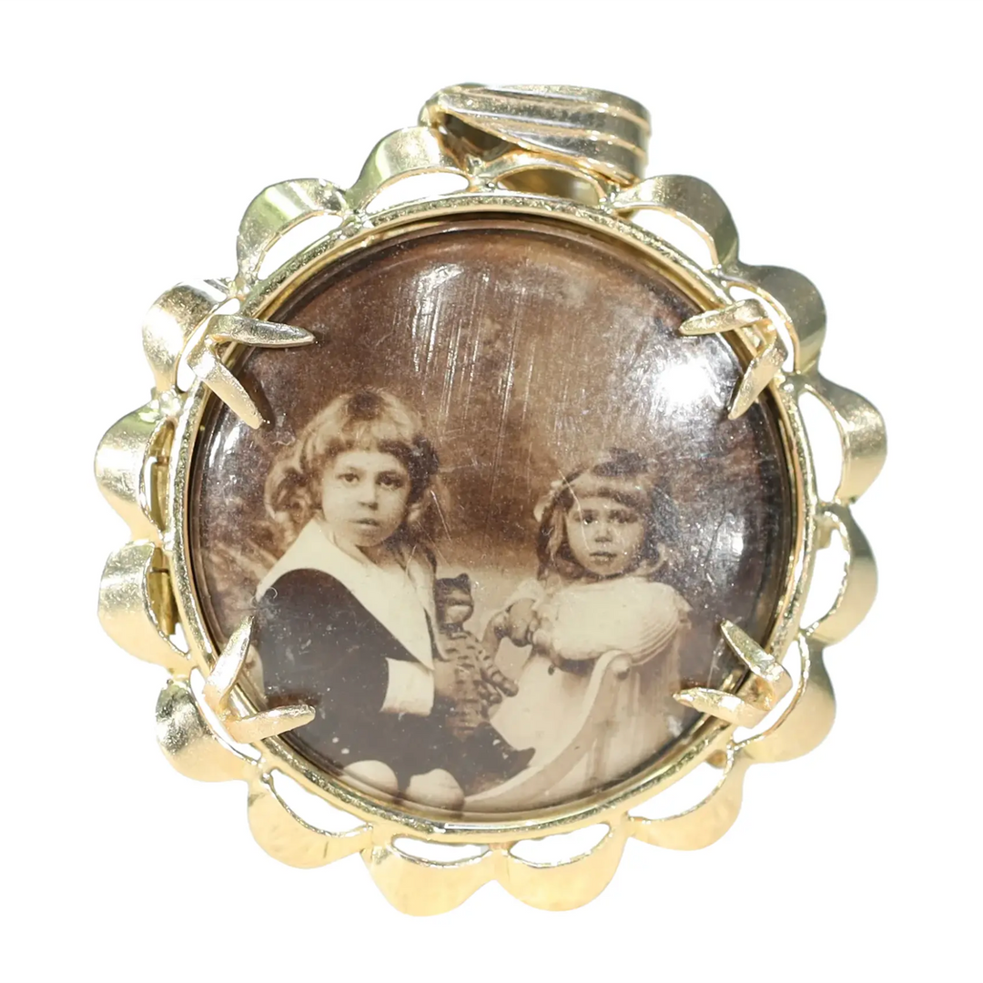 Antique 18k Round Frame Locket with Siblings Portrait