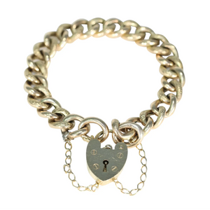 Antique 9k Gold Heart Curb Link Bracelet 7.75"