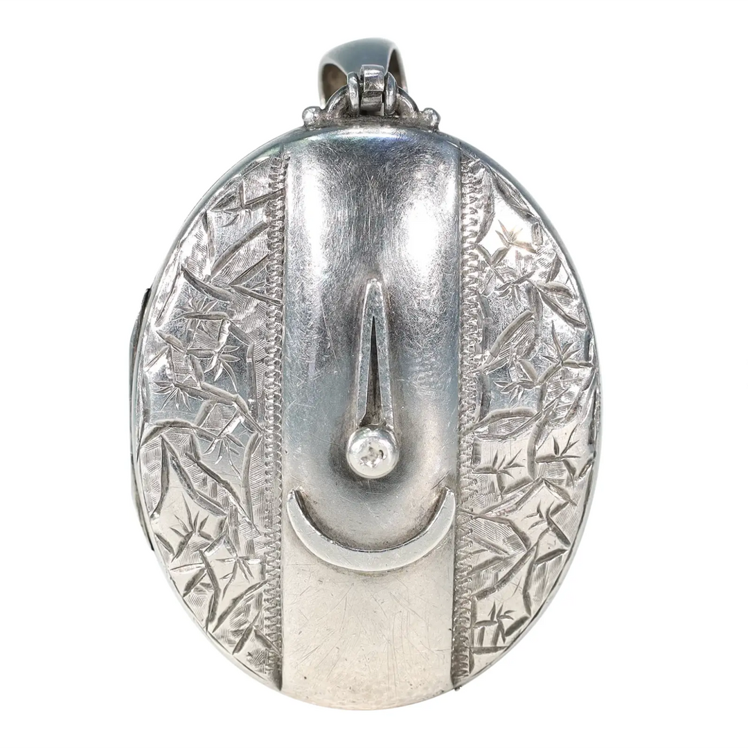Antique Silver Engraved Oval Buckle Locket Birmingham 1880