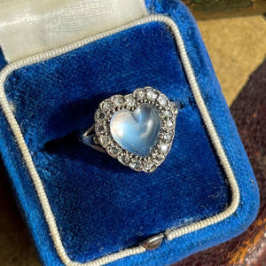 Antique Edwardian Moonstone Diamond Heart Cluster Ring Halo Size 4.75