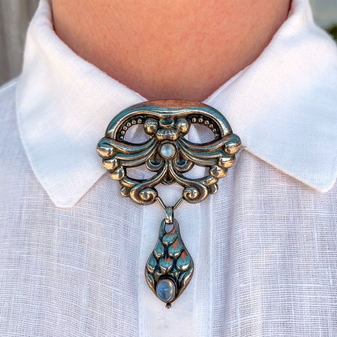 Antique Silver Moonstone Skonvirke Brooch by William Fuglede