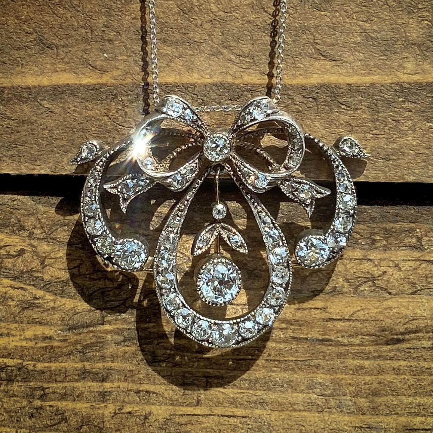 Antique Victorian Diamond Bow Necklace 15k Gold Silver Set