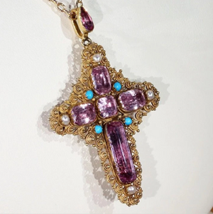 Georgian Pink Topaz Cross Pendant Brooch with Pearl and Turquoise
