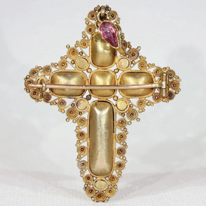 Georgian Pink Topaz Cross Pendant Brooch with Pearl and Turquoise