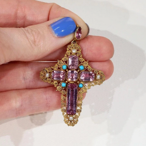 Georgian Pink Topaz Cross Pendant Brooch with Pearl and Turquoise