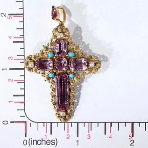 Georgian Pink Topaz Cross Pendant Brooch with Pearl and Turquoise