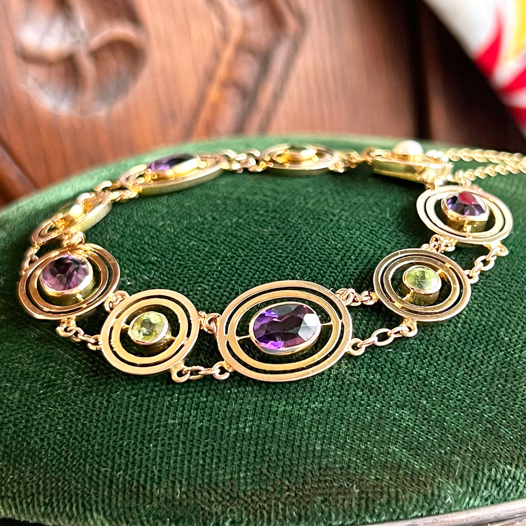 Victorian 9k Gold Suffragette Bracelet with Amethyst, Peridot, and Pearl Gold Link
