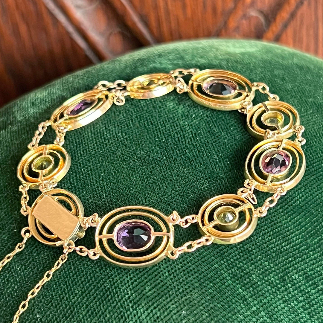 Victorian 9k Gold Suffragette Bracelet with Amethyst, Peridot, and Pearl Gold Link