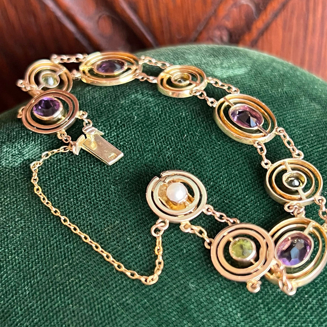 Victorian 9k Gold Suffragette Bracelet with Amethyst, Peridot, and Pearl Gold Link
