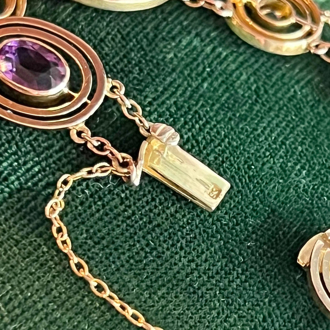 Victorian 9k Gold Suffragette Bracelet with Amethyst, Peridot, and Pearl Gold Link