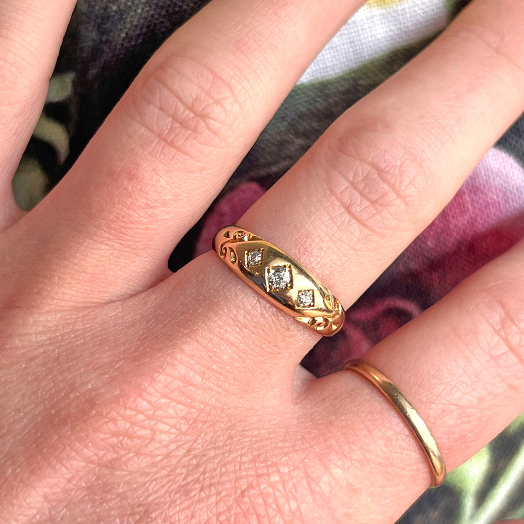 Victorian Diamond 18k Gold Band Ring Gypsy Set 3 Stone Birmingham 1897