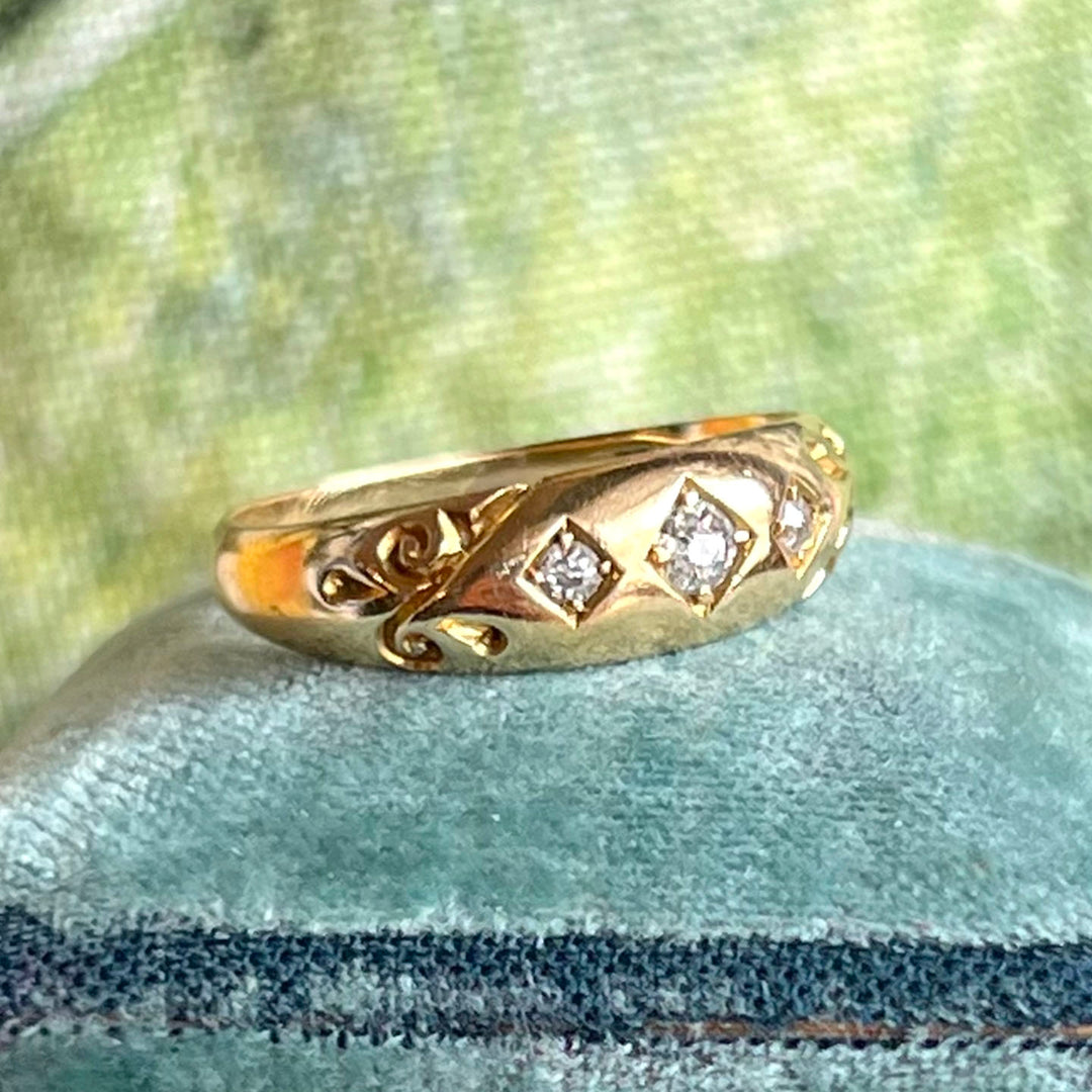 Victorian Diamond 18k Gold Band Ring Gypsy Set 3 Stone Birmingham 1897
