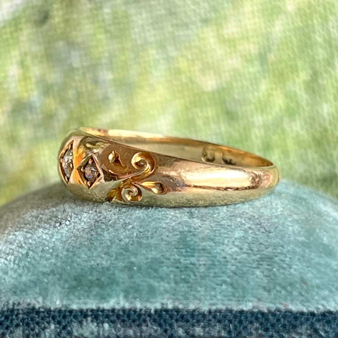 Victorian Diamond 18k Gold Band Ring Gypsy Set 3 Stone Birmingham 1897