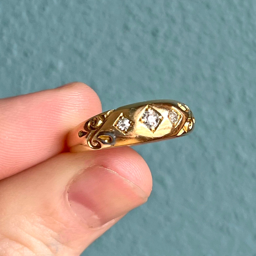 Victorian Diamond 18k Gold Band Ring Gypsy Set 3 Stone Birmingham 1897