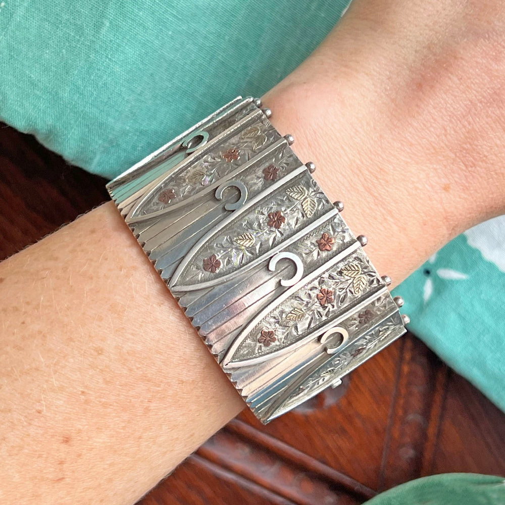 Victorian Sterling Silver Bangle Bracelet Floral Embossed c. 1880