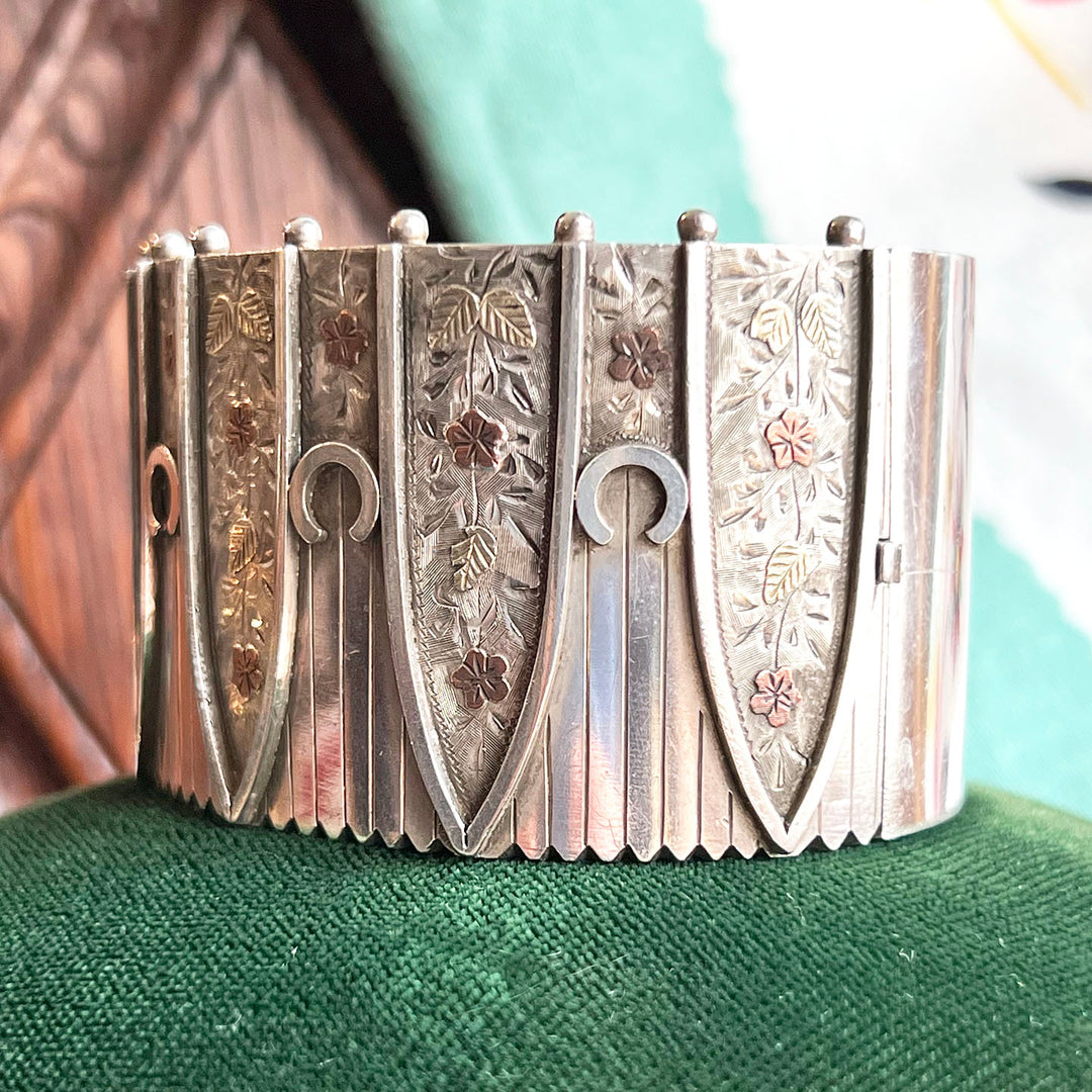 Victorian Sterling Silver Bangle Bracelet Floral Embossed c. 1880