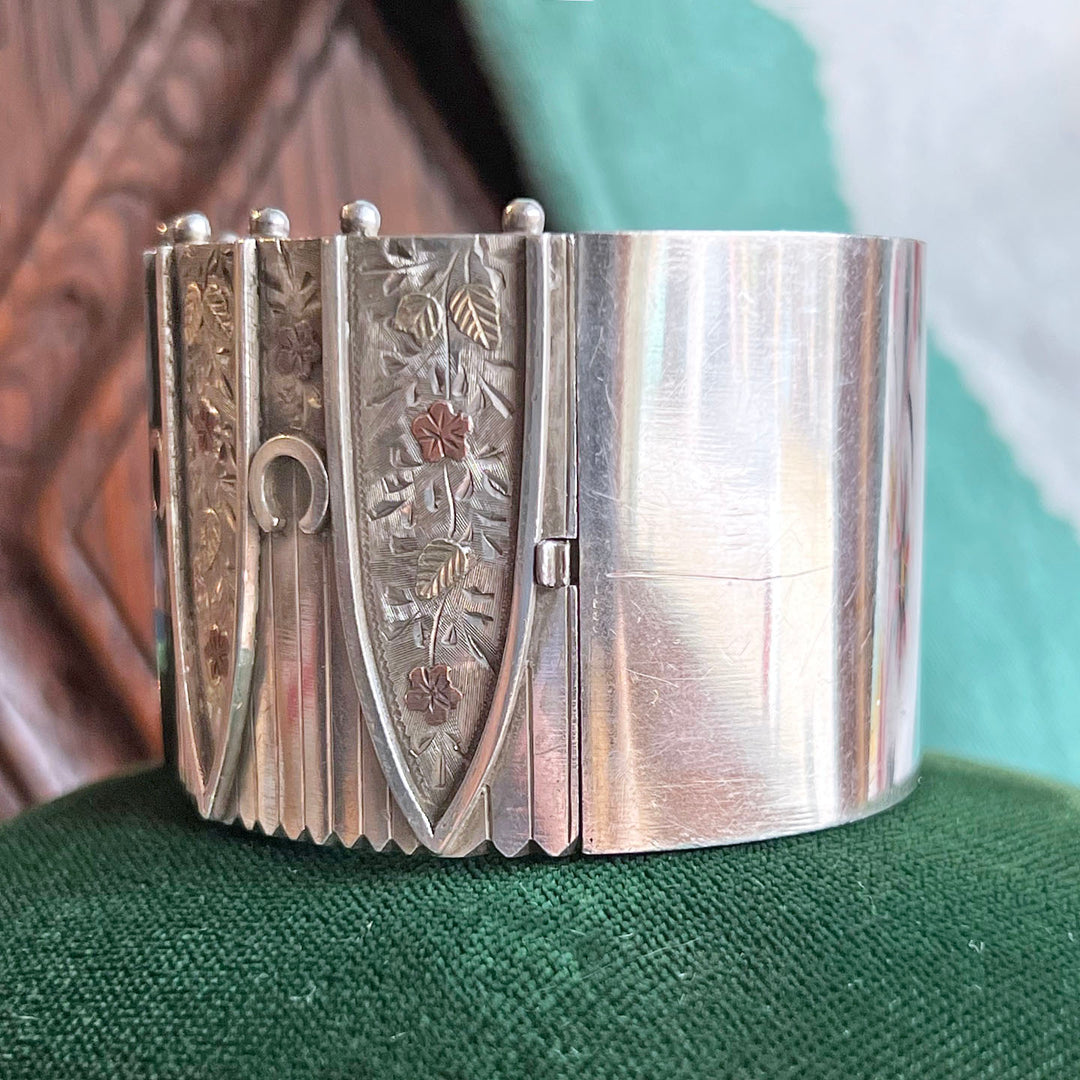 Victorian Sterling Silver Bangle Bracelet Floral Embossed c. 1880