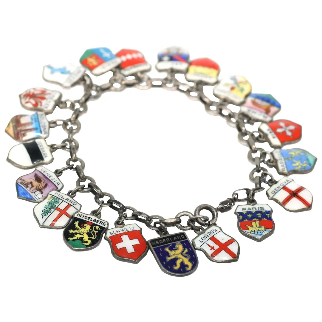 Vintage Silver European Cities Charm Bracelet Enamel Plaques