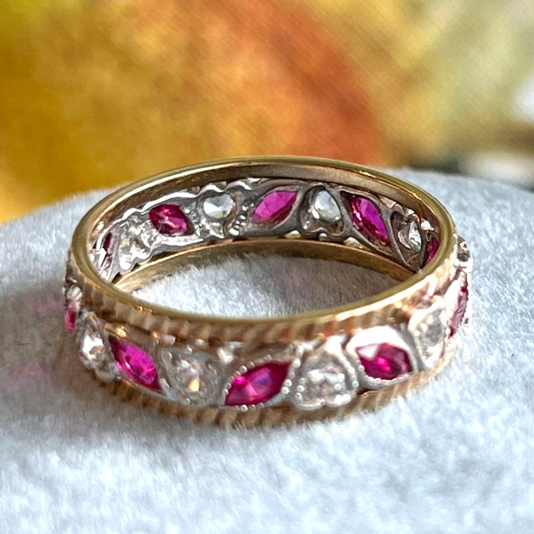 Vintage Gold Ruby Diamond Eternity Band Ring
