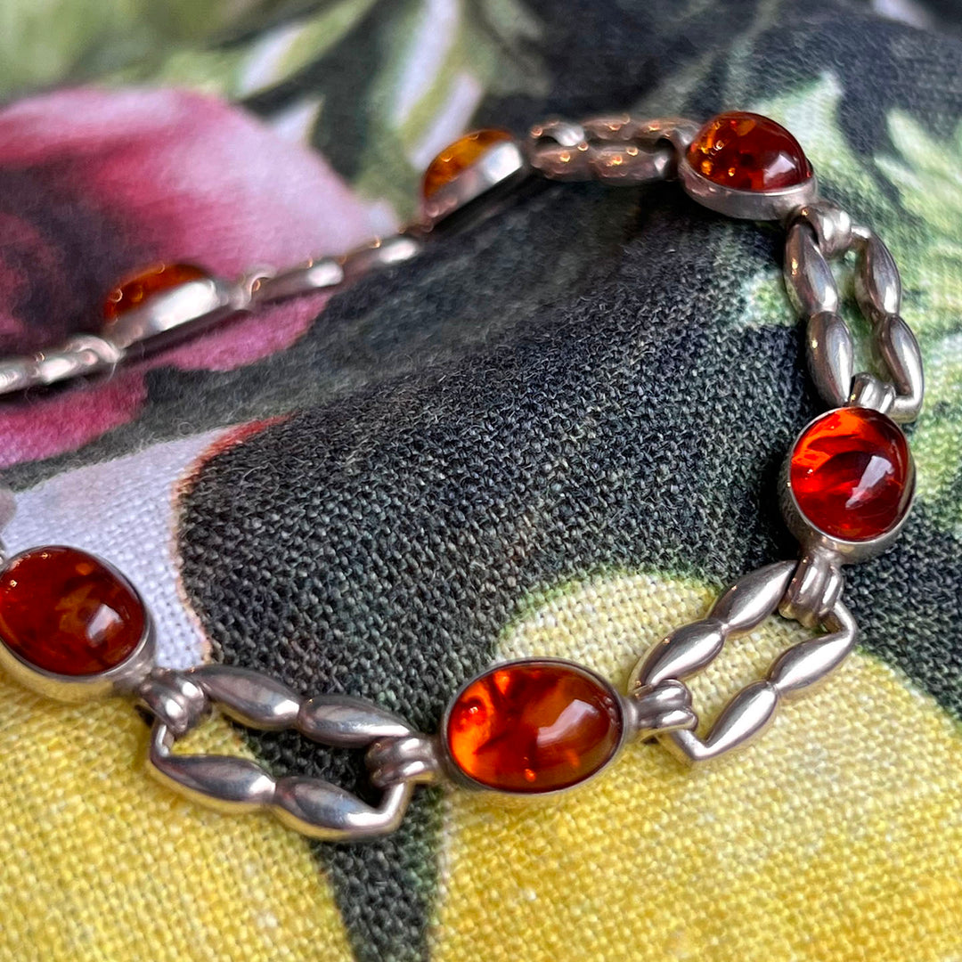 Vintage N.E. From Sterling Silver Amber Link Bracelet, Denmark 1986