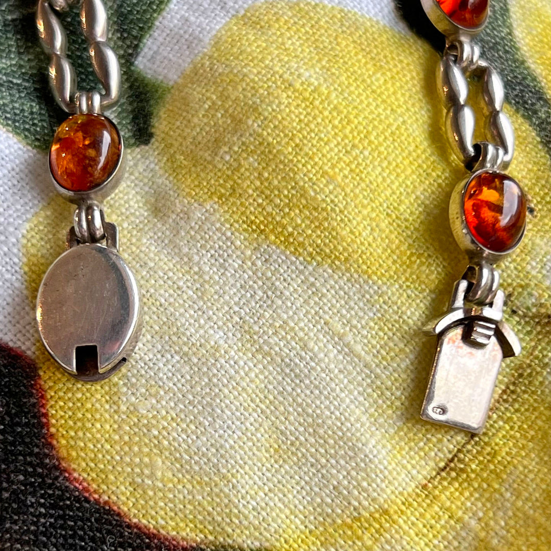 Vintage N.E. From Sterling Silver Amber Link Bracelet, Denmark 1986